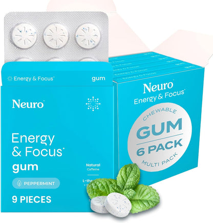 Neuro Energy & Focus Gum – Sugar-Free with 40mg Natural Caffeine, L-Theanine & B Vitamins, Vegan Peppermint, 54 Count