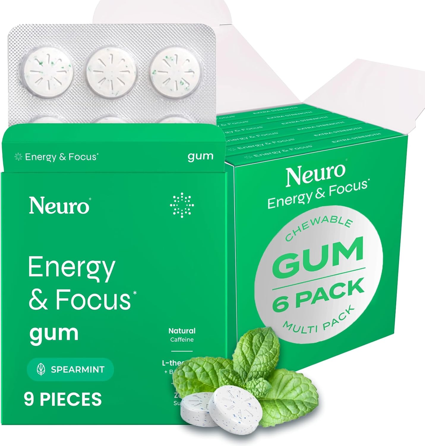 Neuro Energy & Focus Gum - 40mg Natural Caffeine Gum & Nootropic Energy Supplement with L-Theanine & B Vitamins - Sugar Free, Vegan - Spearmint, 54c