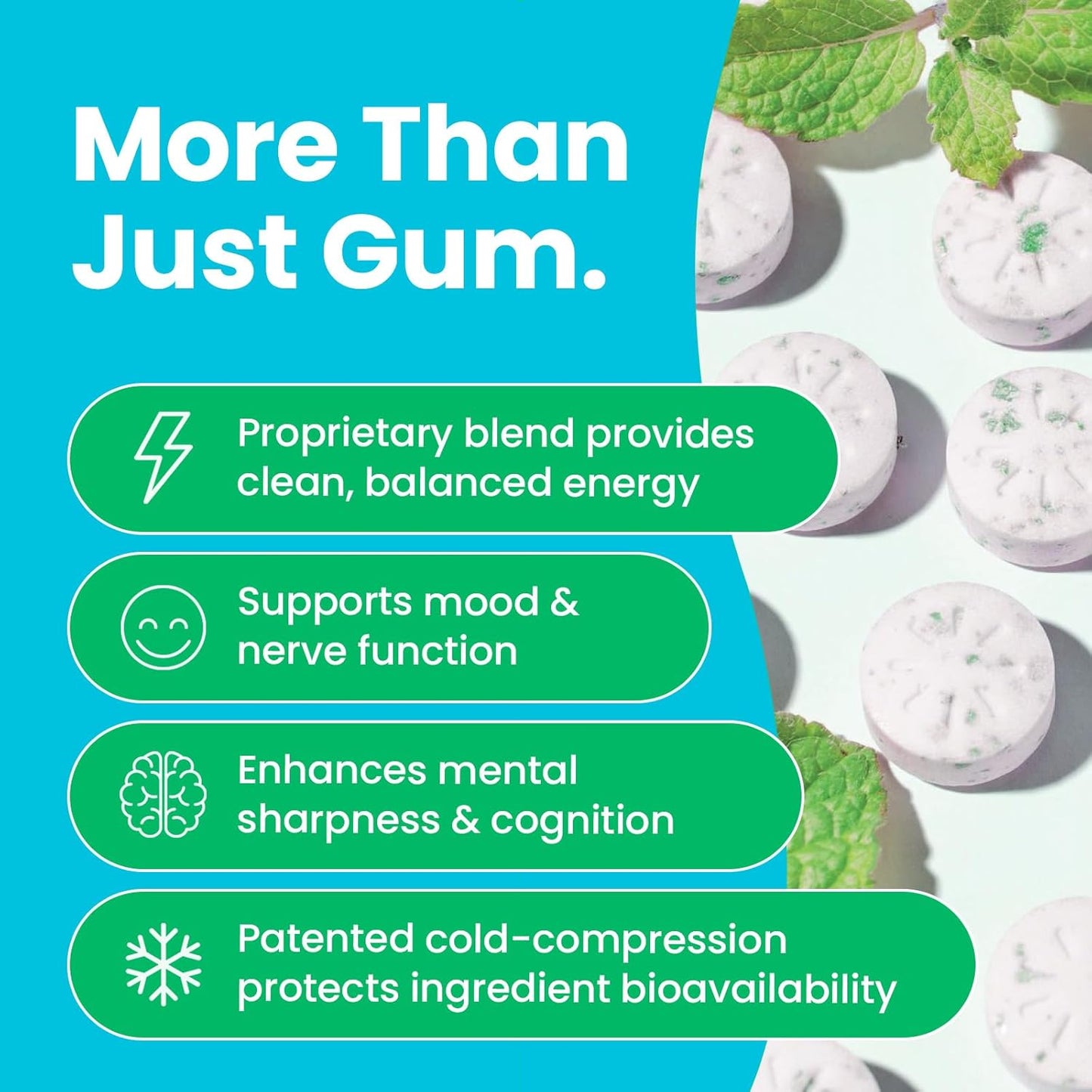Neuro Energy & Focus Gum - 40mg Natural Caffeine Gum & Nootropic Energy Supplement with L-Theanine & B Vitamins - Sugar Free, Vegan - Spearmint, 54c