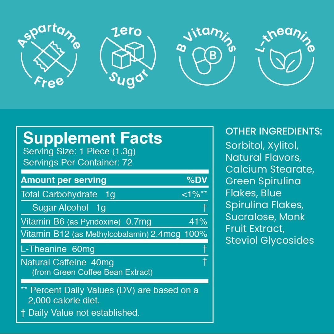 Neuro Energy & Focus Gum - 40mg Natural Caffeine Gum & - Sugar Free, Vegan - Wintergreen, 54ct