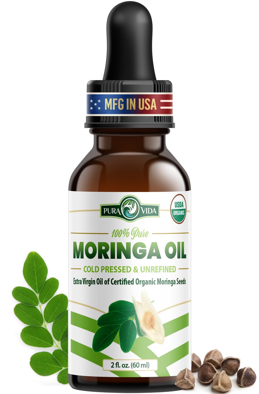 Organic Moringa Seed Oil 2 oz – 100% Pure Cold Pressed Unrefined Moringa Oleifera Oil for Skin & Hair, Food Grade