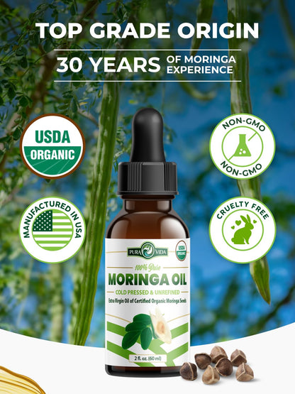 Organic Moringa Seed Oil 2 oz – 100% Pure Cold Pressed Unrefined Moringa Oleifera Oil for Skin & Hair, Food Grade