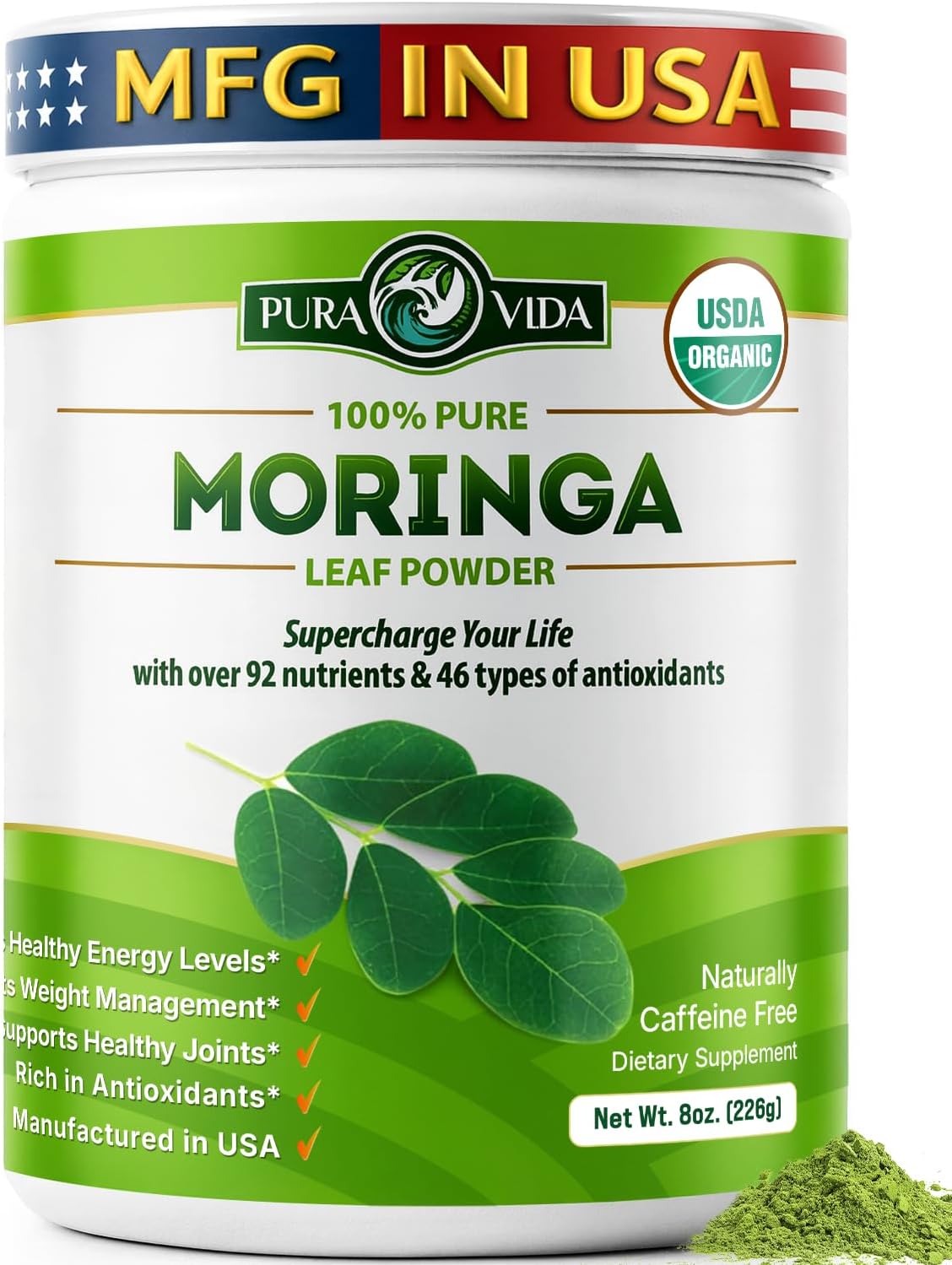 PURA VIDA MORINGA Organic Moringa Leaf Powder 8 oz – 100% Pure USDA Organic Moringa Oleifera for Smoothies & Recipes