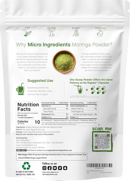 Micro Ingredients Organic Moringa Leaf Powder 2 lb – Pure Oleifera Superfood, Antioxidant Rich, Vegan