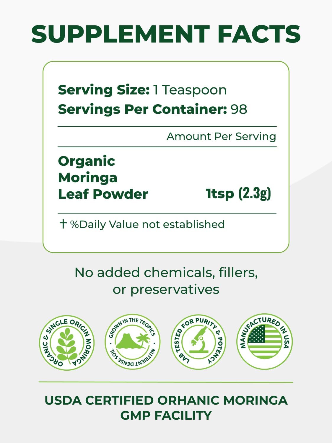 PURA VIDA MORINGA Organic Moringa Leaf Powder 8 oz – 100% Pure USDA Organic Moringa Oleifera for Smoothies & Recipes