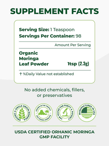 PURA VIDA MORINGA Organic Moringa Leaf Powder 8 oz – 100% Pure USDA Organic Moringa Oleifera for Smoothies & Recipes