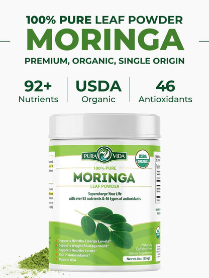 PURA VIDA MORINGA Organic Moringa Leaf Powder 8 oz – 100% Pure USDA Organic Moringa Oleifera for Smoothies & Recipes