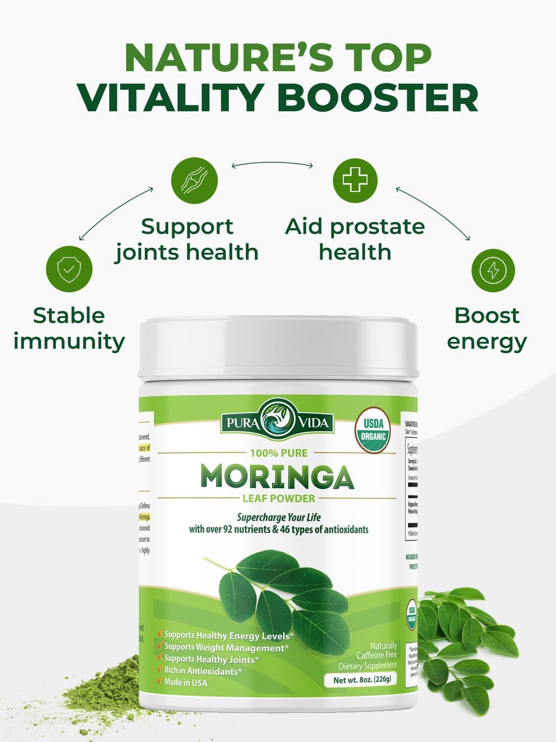 PURA VIDA MORINGA Organic Moringa Leaf Powder 8 oz – 100% Pure USDA Organic Moringa Oleifera for Smoothies & Recipes
