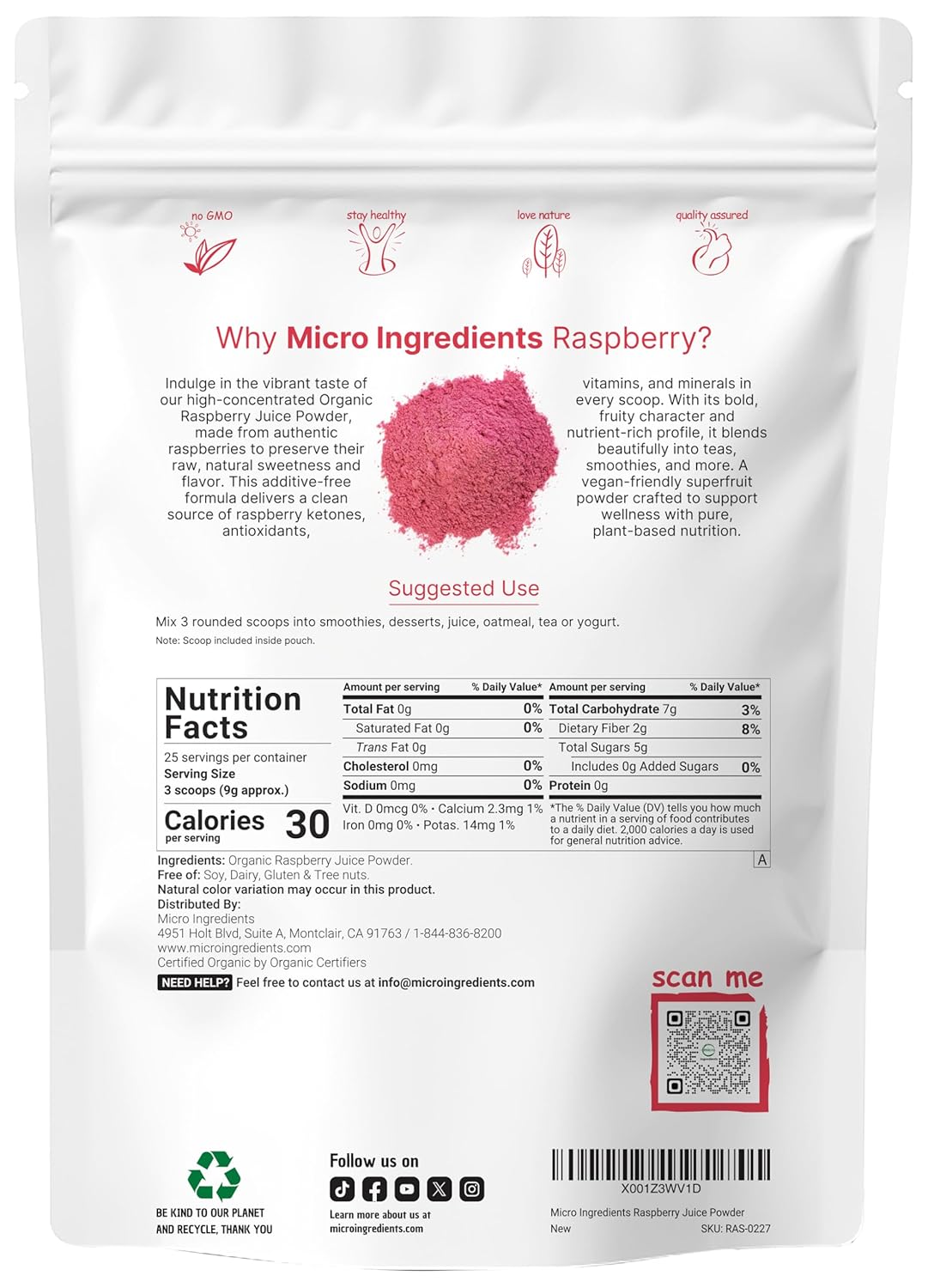 Organic Raspberry Juice Powder 8oz – 100% Natural Freeze-Dried Fruit Powder for Drinks & Smoothies