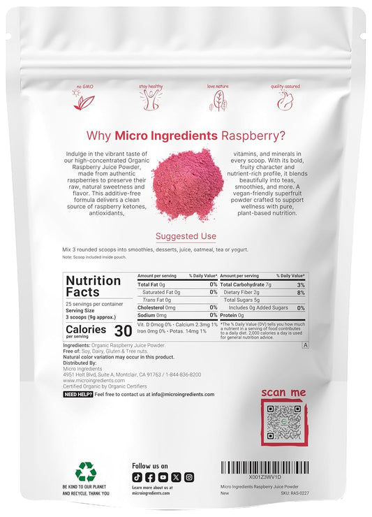 Organic Raspberry Juice Powder 8oz – 100% Natural Freeze-Dried Fruit Powder for Drinks & Smoothies
