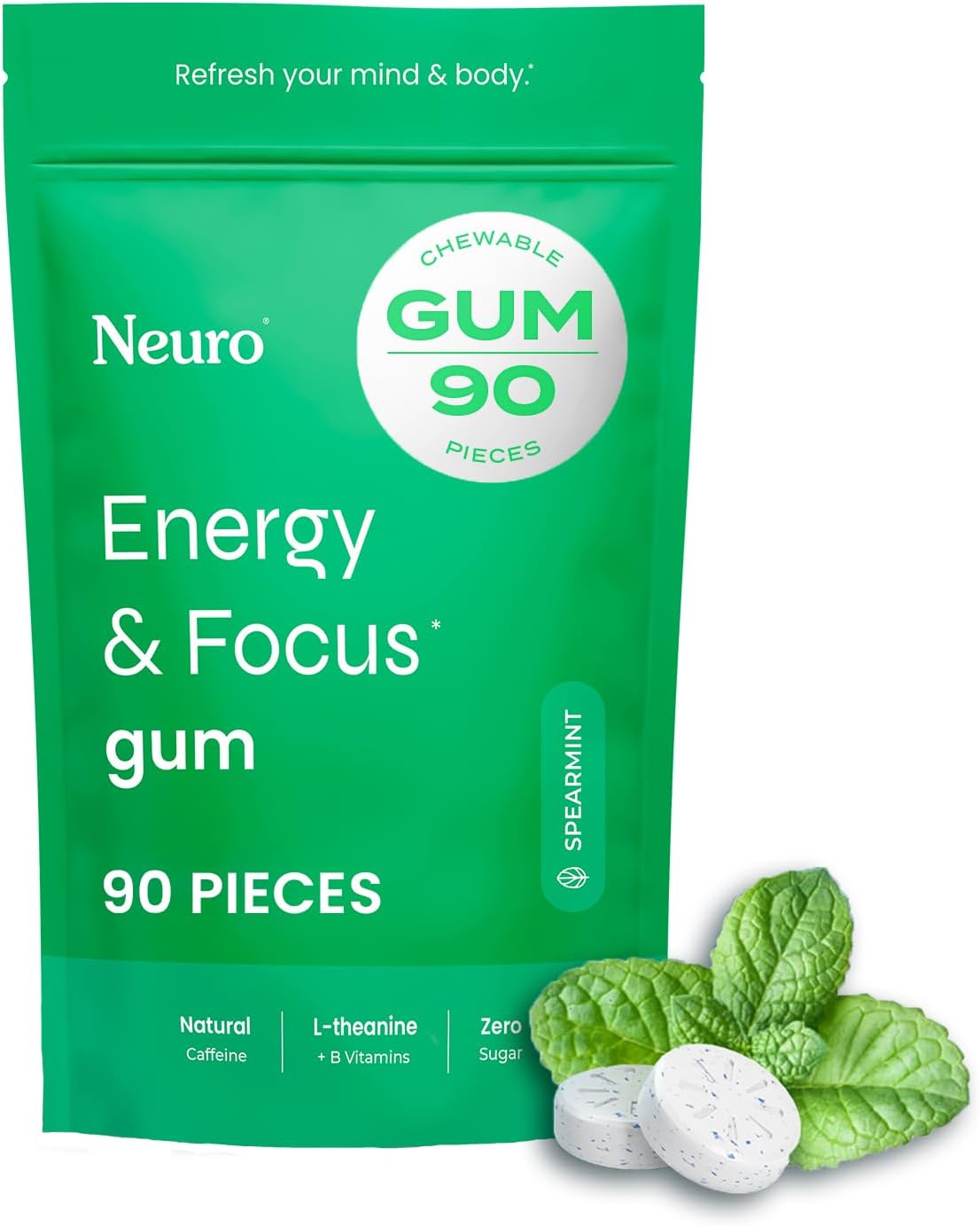 Neuro Energy & Focus Gum – 40mg Natural Caffeine with L-Theanine & B Vitamins, Sugar-Free Vegan Energy Gum, Spearmint, 90 Count