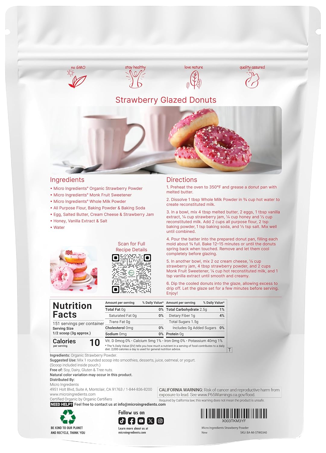 Organic Strawberry Powder 1lb – 100% Natural Fruit Powder for Drinks, Smoothies & Baking