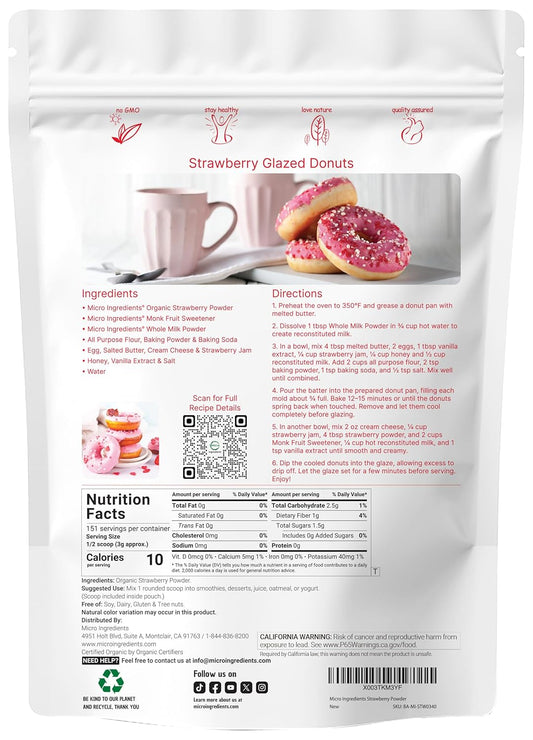 Organic Strawberry Powder 1lb – 100% Natural Fruit Powder for Drinks, Smoothies & Baking