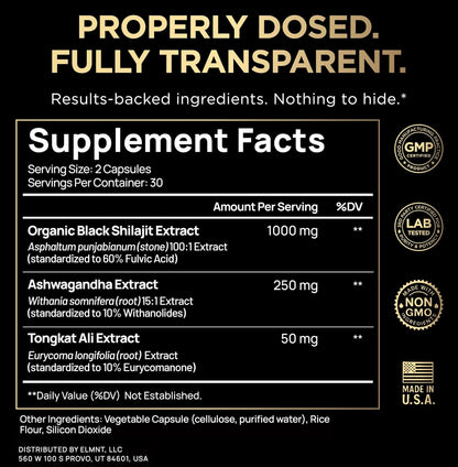 Black Shilajit 103,800mg 100x Strength with Ashwagandha & Tongkat Ali – 60% Fulvic Acid, Energy & Stamina Support, Capsules