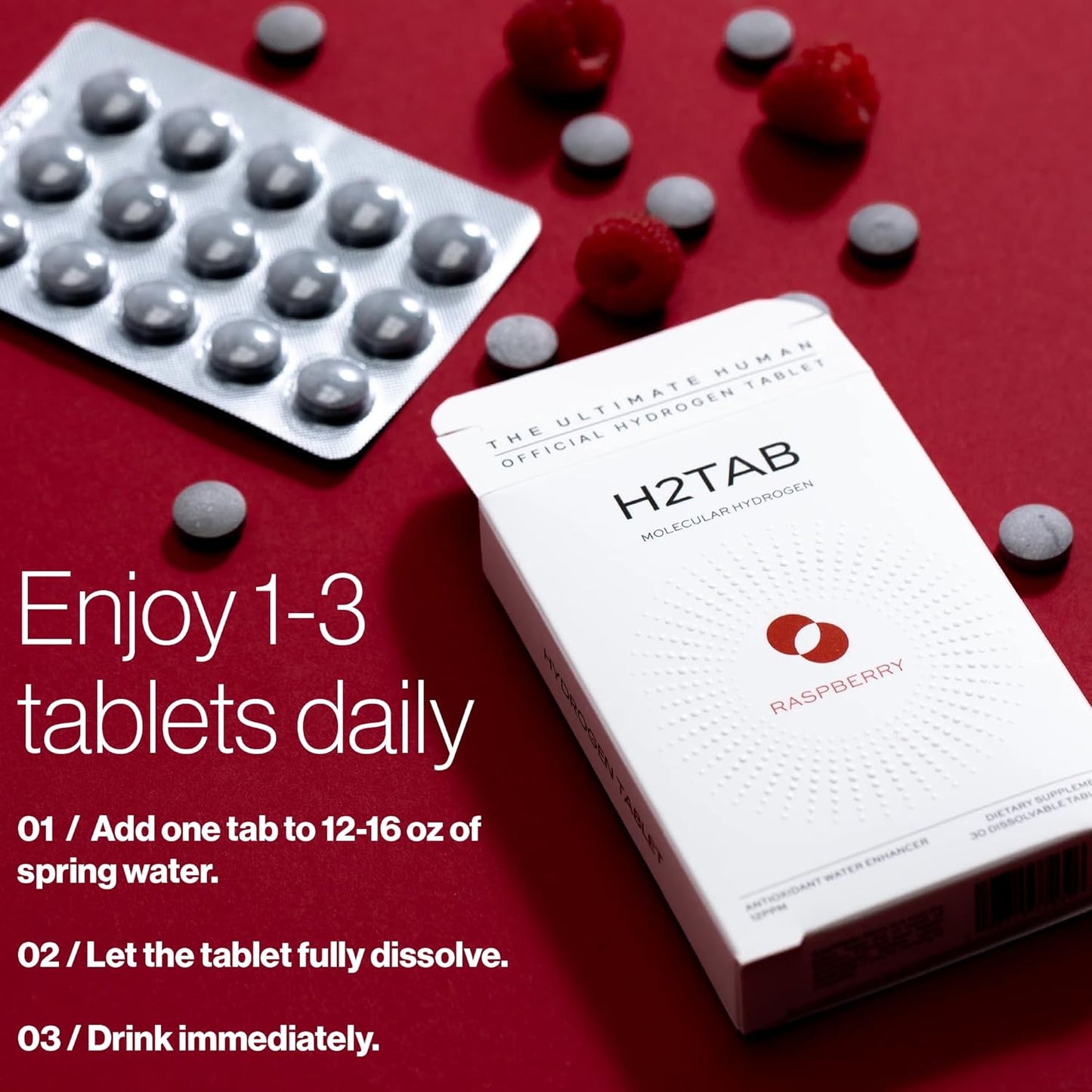 Molecular H2TAB Hydrogen Water Tablets with Magnesium – Raspberry Flavor, 12 PPM Hydrogen Tablets for Drinking Water, 30 Count