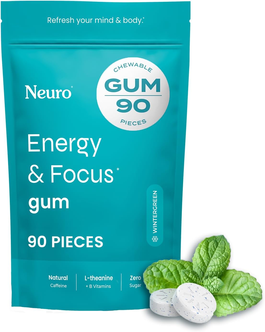 Neuro Energy & Focus Gum – 40mg Natural Caffeine with L-Theanine & B Vitamins, Sugar-Free Vegan Energy Gum, Wintergreen, 90 Count