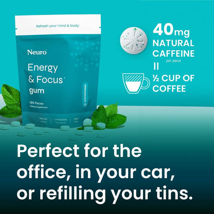 Neuro Energy & Focus Gum – 40mg Natural Caffeine with L-Theanine & B Vitamins, Sugar-Free Vegan Energy Gum, Wintergreen, 90 Count