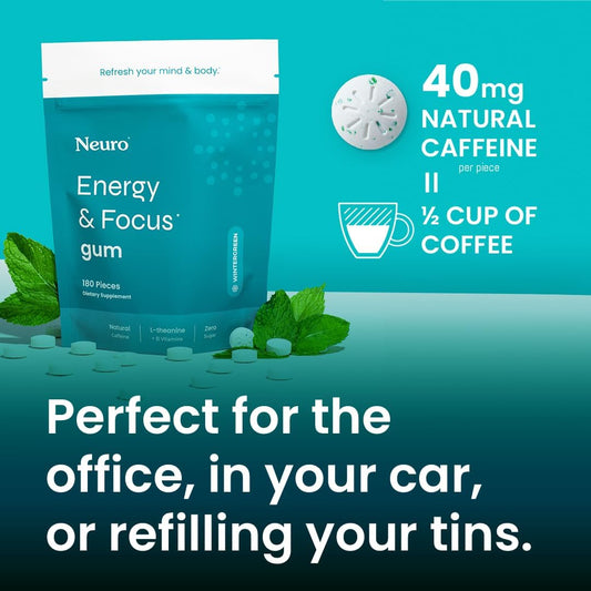 Neuro Energy & Focus Gum – 40mg Natural Caffeine with L-Theanine & B Vitamins, Sugar-Free Vegan Energy Gum, Wintergreen, 90 Count