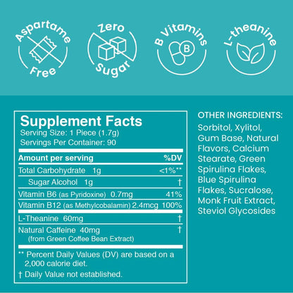 Neuro Energy & Focus Gum – 40mg Natural Caffeine with L-Theanine & B Vitamins, Sugar-Free Vegan Energy Gum, Wintergreen, 90 Count