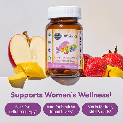 Garden of Life Organics Multivitamin for Women – Once Daily Whole Food Multi with Iron & Biotin, Vegan, 60 Tablets