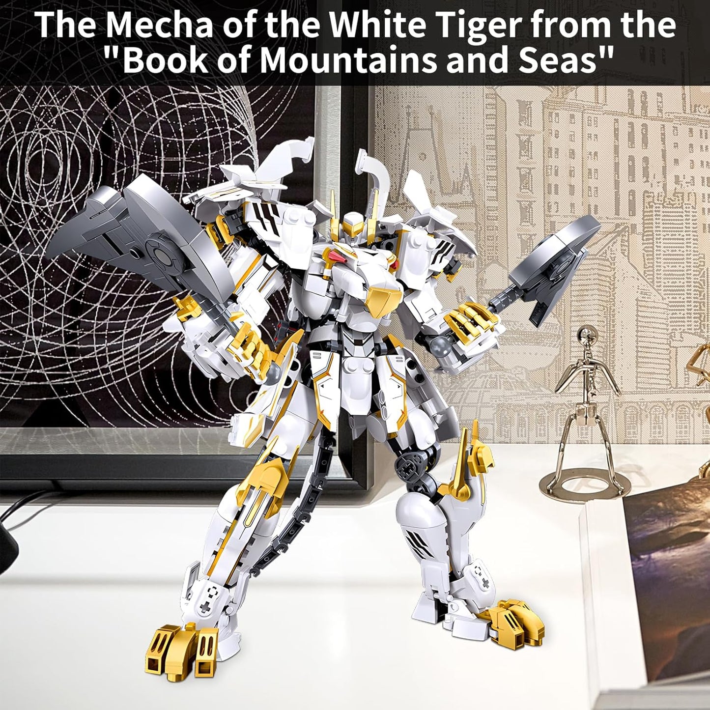 White Tiger Samurai mech Robot Model with Double Axe Head Building Blocks Toy Set Mythical Birthday for Age 8+ Children Adults Teens 679 Pieces